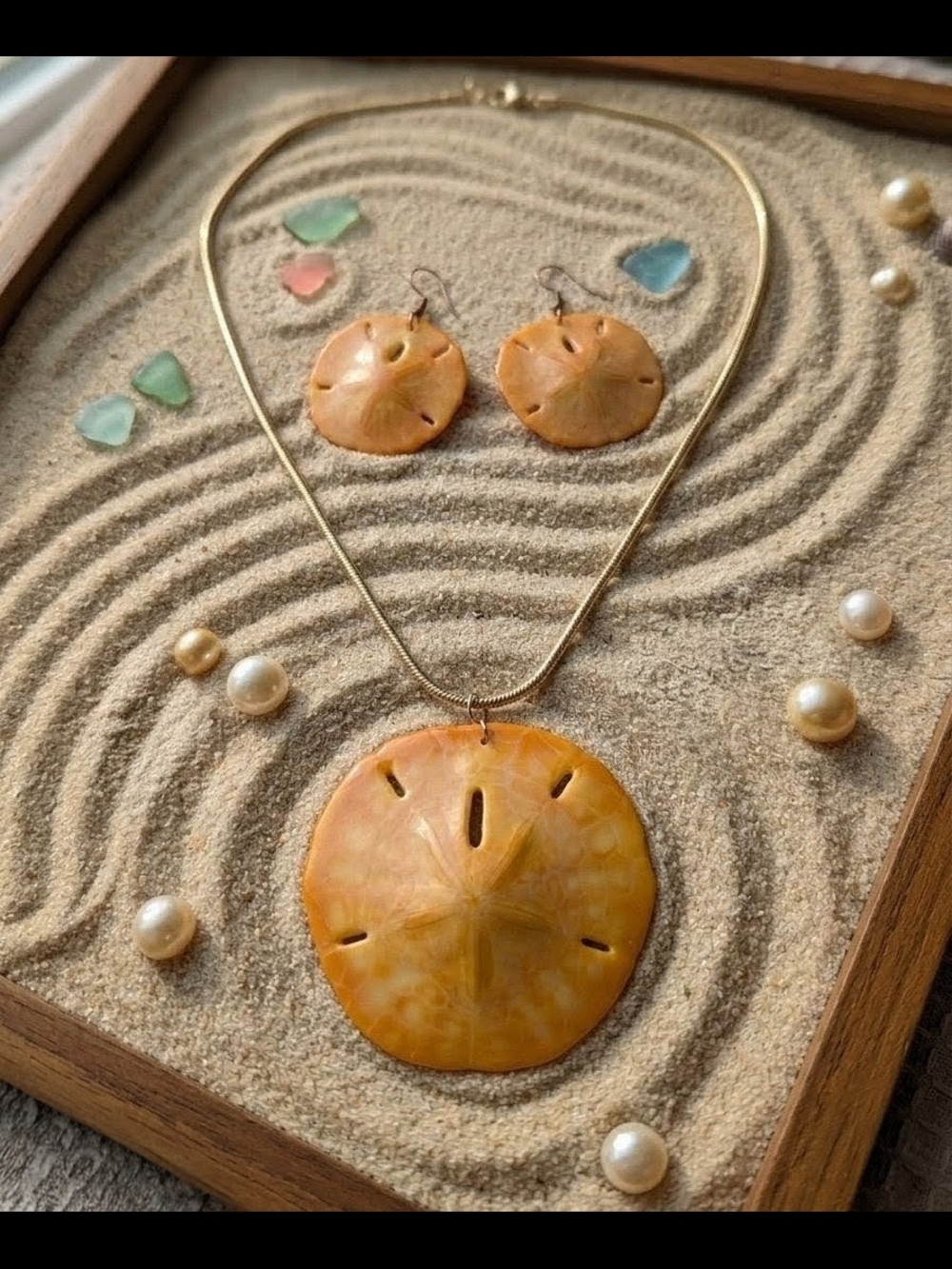 Genuine Sand Dollar Pendant Necklace and Earrings Set